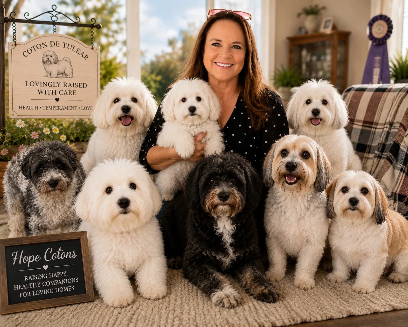 Deana surrounded by her Cotons at home