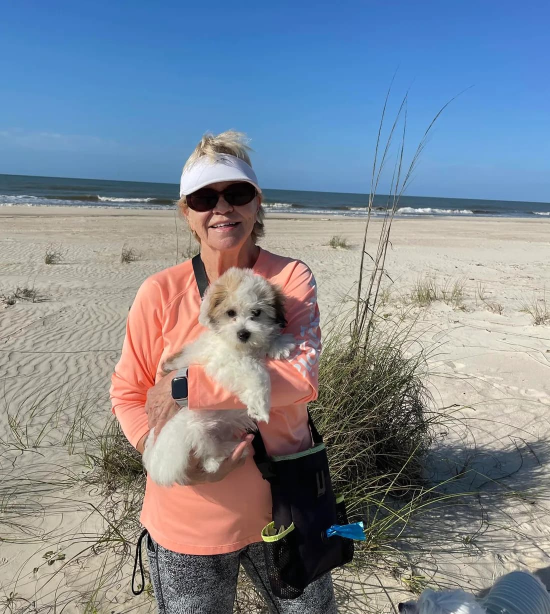 A new owner holding a puppy at the beach